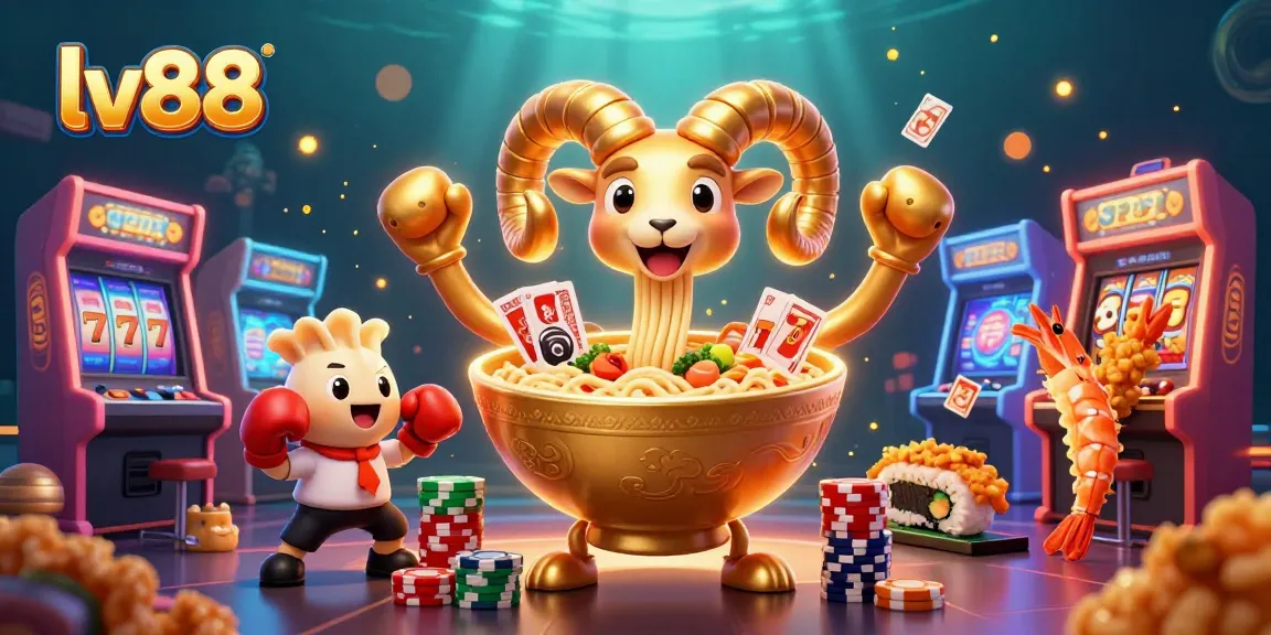 Engage with lv88 through a vibrant scene of a 3D ramen bowl character surrounded by casino elements.