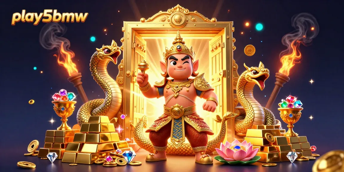 Win big at play5bmw with an illustration of a dynamic casino scene filled with gold and luck.