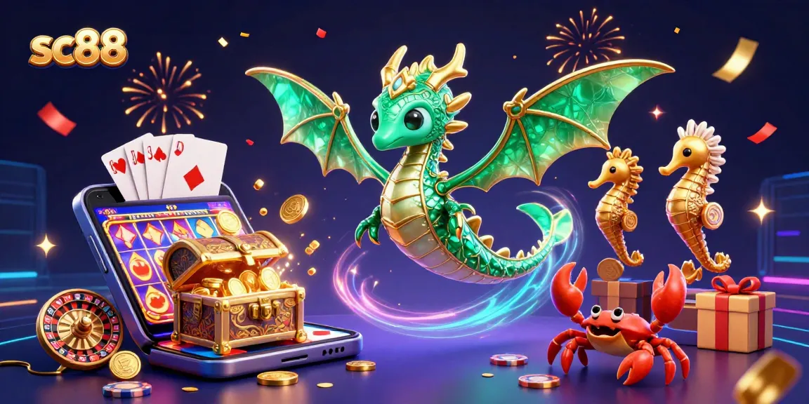 Experience thrilling casino action with the vibrant sc88 slot game illustration featuring an emerald sea dragon, crabs, and gaming elements.