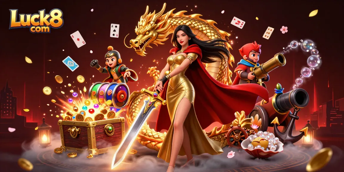 Experience thrilling gameplay at Luck8 com with a vibrant Asian warrior queen and dynamic casino elements.