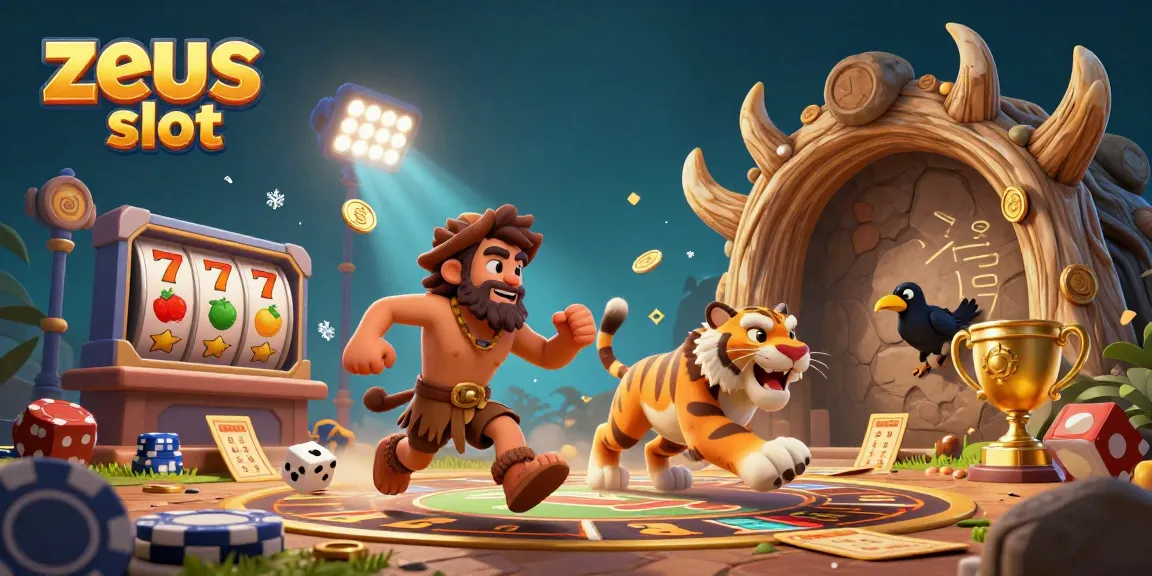 Experience the thrill of zeus slot with a vibrant prehistoric casino scene featuring dynamic characters, slot reels, and action-packed visuals.