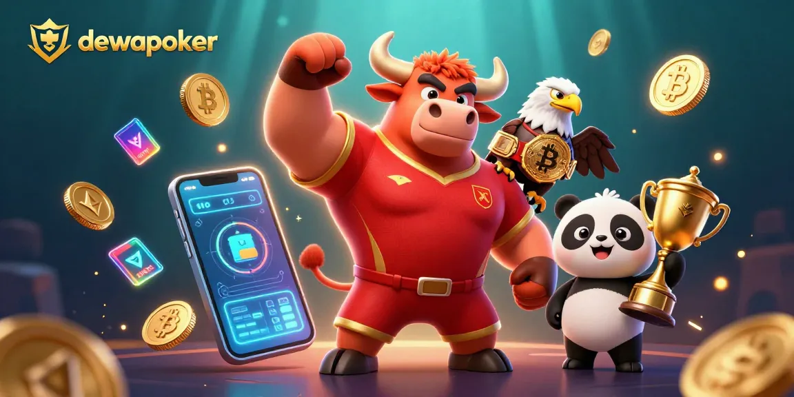 DewaPoker players winning with a muscular bull mascot and trophies in a prosperous casino landscape.