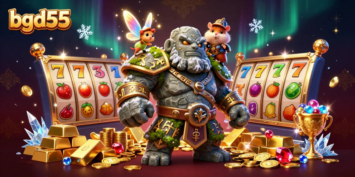 Play exciting slots with bgd55 while a golem guardian and fairy cast magic in this vibrant casino scene.