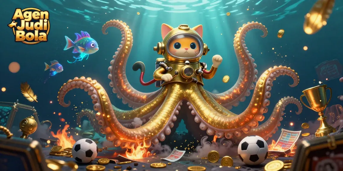 Agen Judi Bola sports betting scene with a kraken, diving cat, and bioluminescent fish