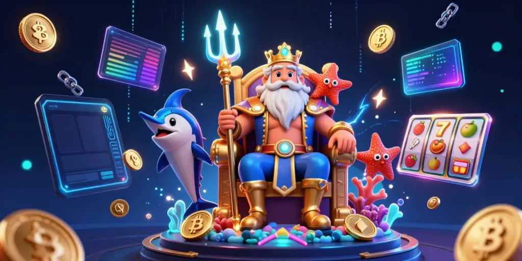 Engage with 8S gaming dynamics in a vibrant casino scene showcasing Neptune and crypto elements.