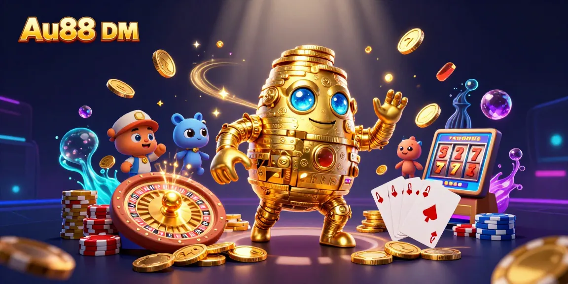 Play and win with Au88 DM, featuring dynamic coins and golden elements in a vibrant casino scene.
