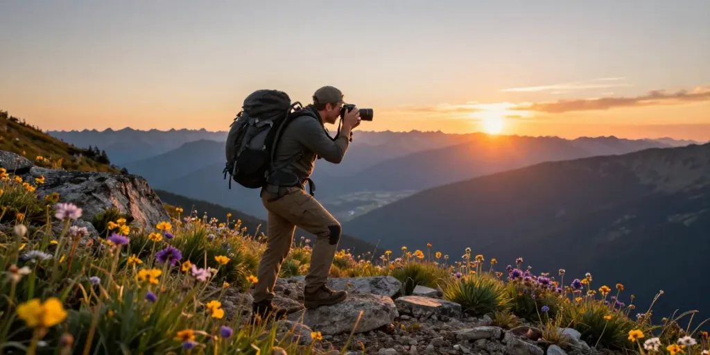 Adventurer capturing stunning views at dusk on https://jago108.com/ travel journey.
