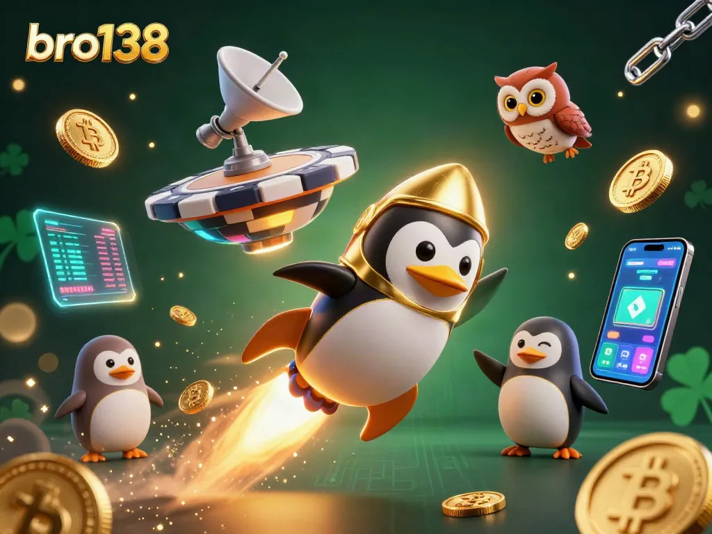 Spin to win at bro138 with golden penguin and crypto elements in a vibrant casino illustration.