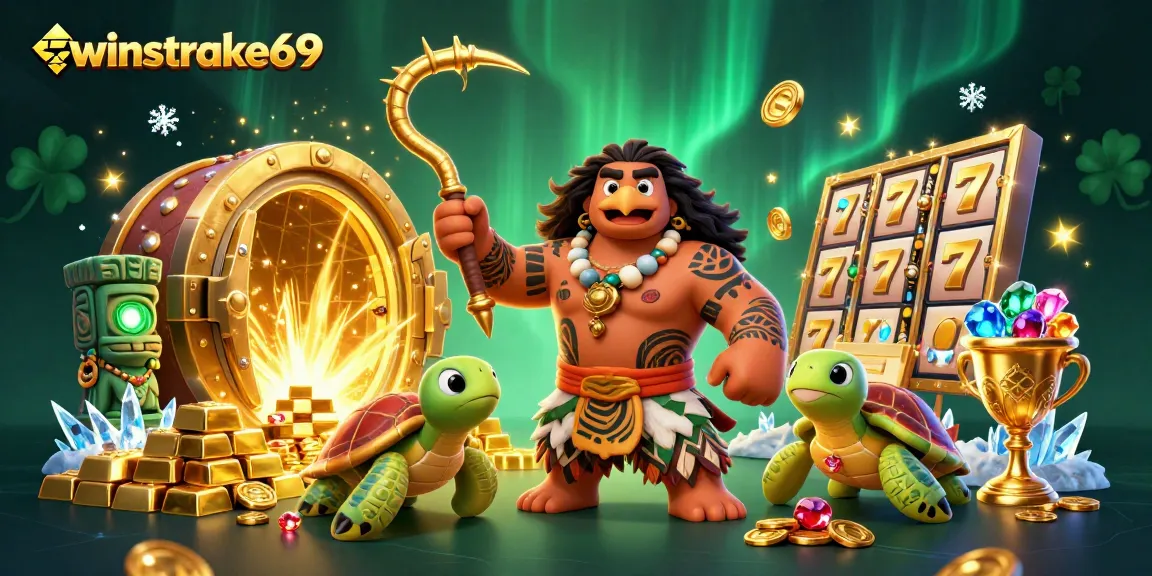 Capture winning moments at winstrike69 with a vibrant casino illustration showcasing exciting slot and treasure elements.