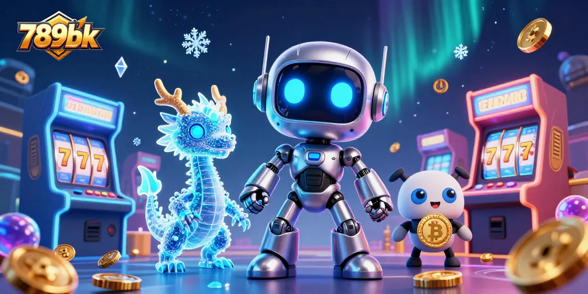 Engage with 789bk's vibrant casino scene, featuring a cyberpunk robot and a holographic dragon amidst dynamic game visuals.