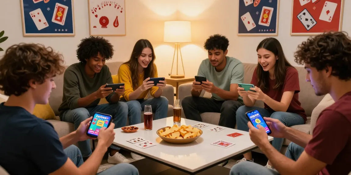 Group of friends enjoying Teen Patti Vegas on their smartphones at home, engaging in lively gameplay and celebration.