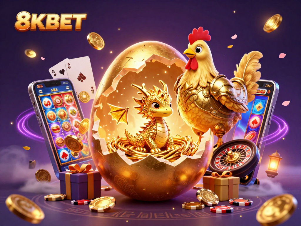 Experience 8KBET's exciting casino features with captivating gold dragon and poker chips.
