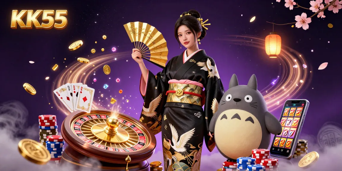 Engage in thrilling gameplay at KK55 with vibrant casino elements like roulette, coins, and lucky symbols.