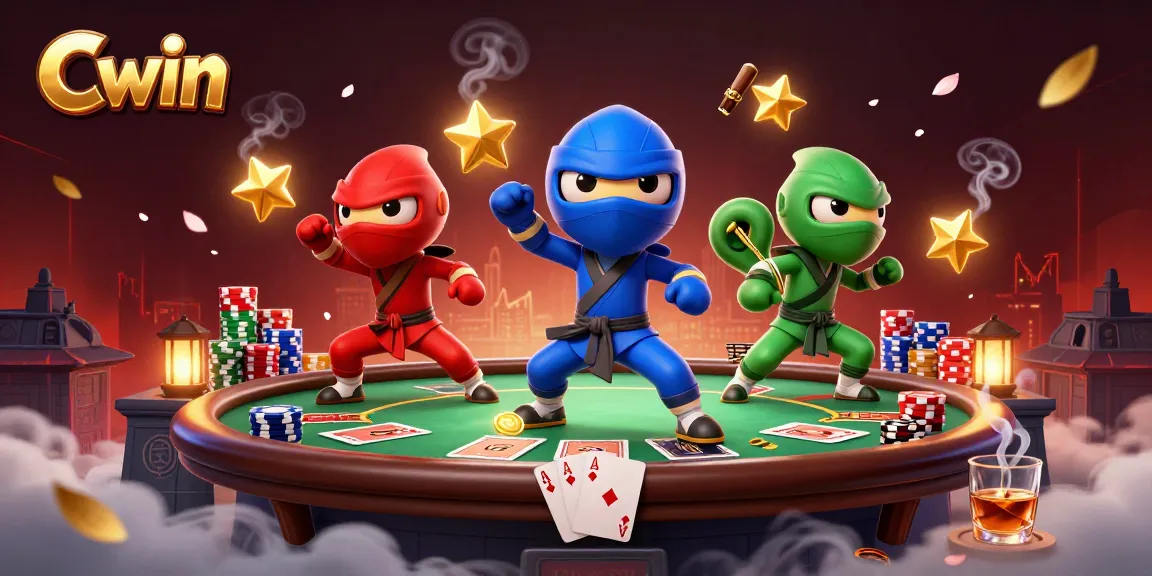 Cwin showcases animated chameleons battling with poker elements in a vibrant casino atmosphere.