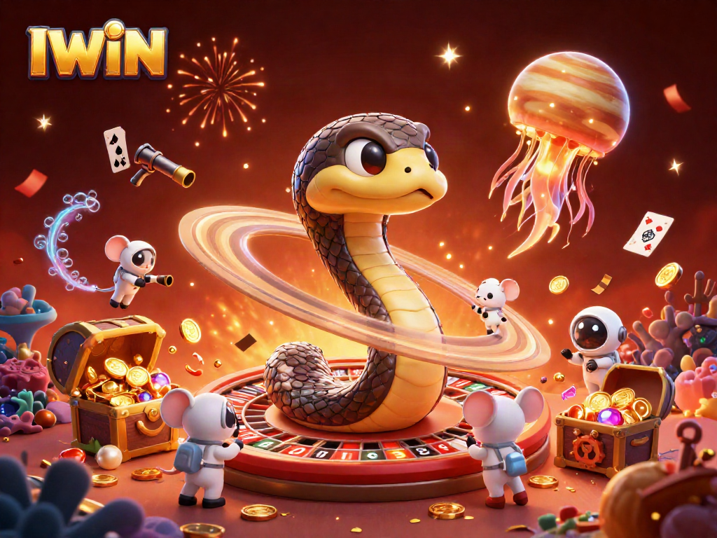 Spin the IWIN roulette wheel for a thrilling cosmic gambling experience with vibrant characters.