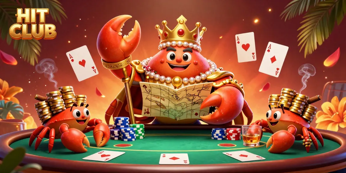 Engage with HIT CLUB using this vibrant illustration of a majestic crab emperor amidst a lively gambling scene.