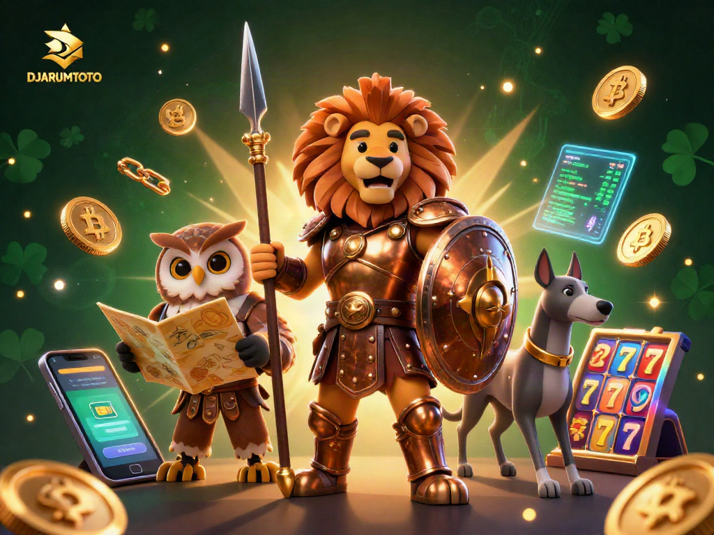 Engage with DJARUMTOTO's thrilling slots featuring a Spartan lion, owl strategist, and greyhound, surrounded by vibrant game elements.