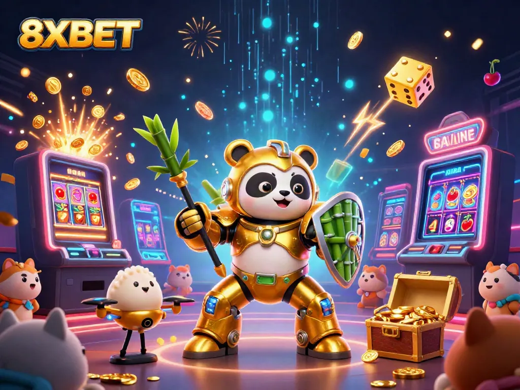 Experience thrilling gaming with 8XBET in an exciting 3D casino scene featuring jackpots and colorful characters.