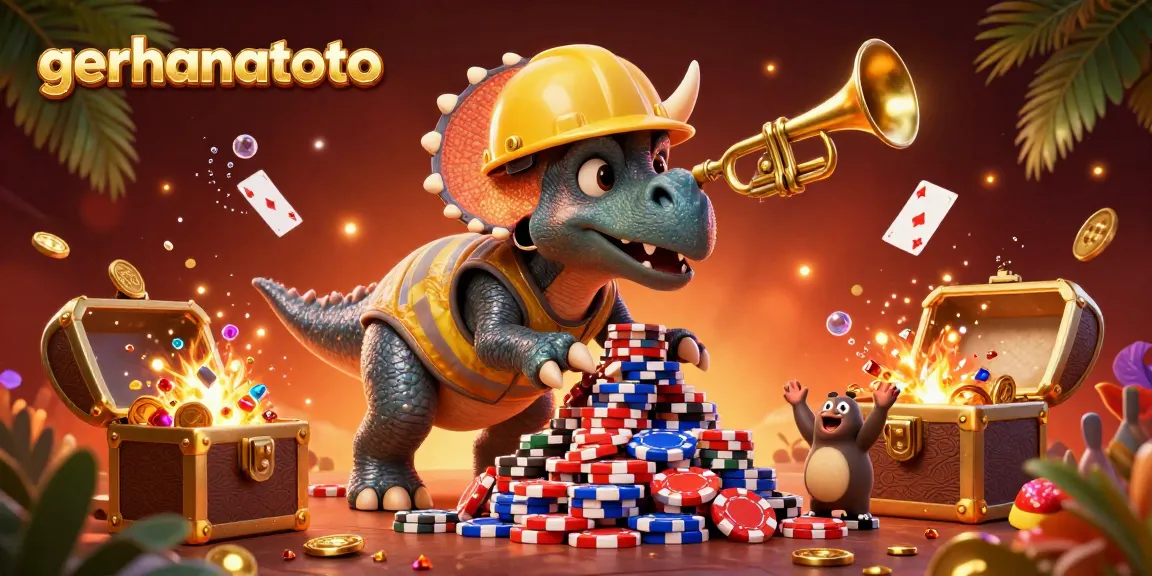 Gerhanatoto menghadirkan ilustrasi kasino dengan dinosaurus dan chip poker yang penuh warna.