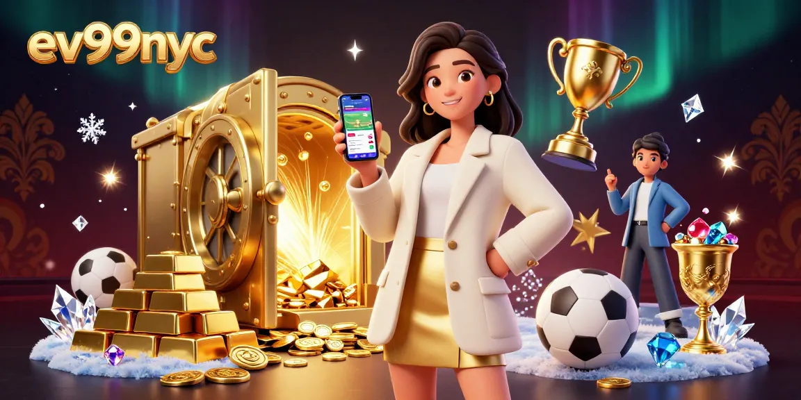 Engage with ev99nyc's vibrant sports betting experience featuring a friendly Asian woman and dynamic gaming elements.