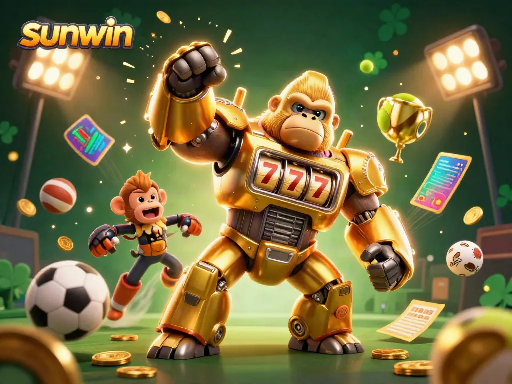 Experience thrilling gameplay with sunwin, as a golden mech gorilla leads the action surrounded by dynamic sports elements.