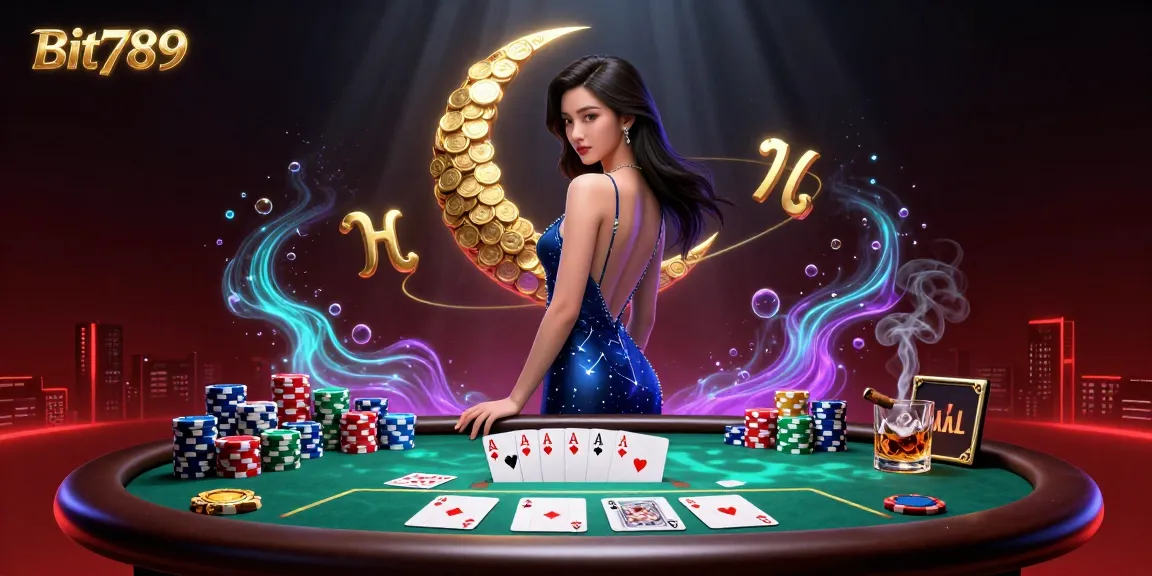 Experience the excitement of gaming with Bit789, featuring a glamorous Asian character amidst dynamic poker elements.