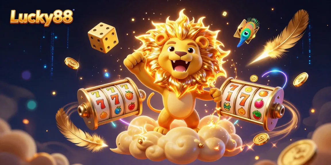Spin the reels of Lucky88 in this vibrant and dynamic casino scene filled with exciting gaming elements.