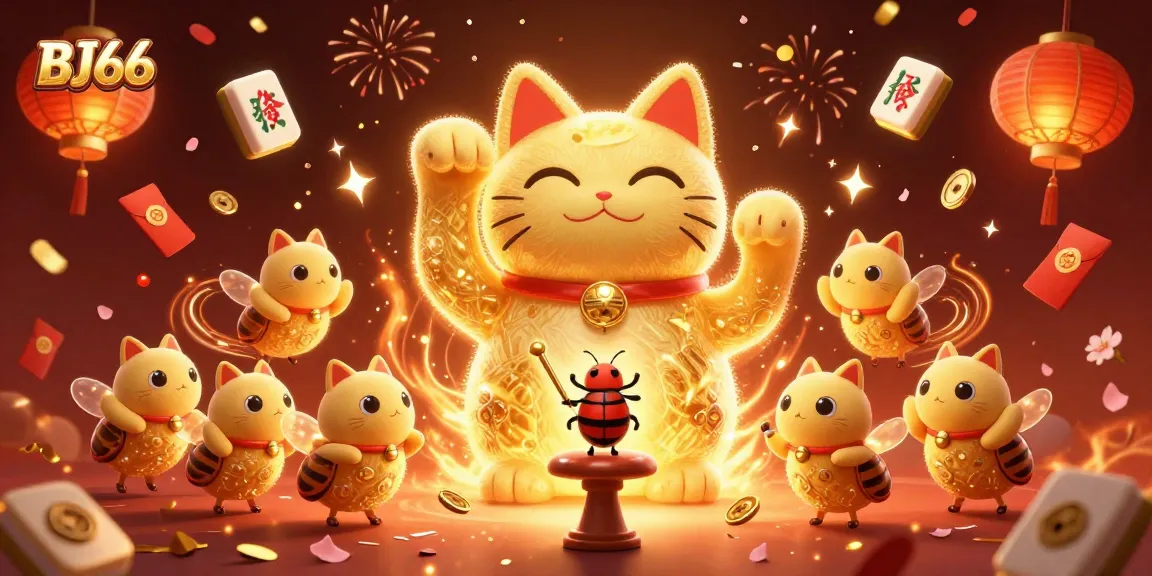 Experience the excitement of BJ66 casino as golden fireflies create a dynamic lucky cat amidst vibrant celebrations.