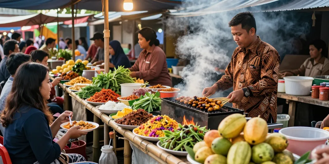 Suasana pasar makanan dengan vendor dan pengunjung menikmati hidangan Warung225 yang lezat.
