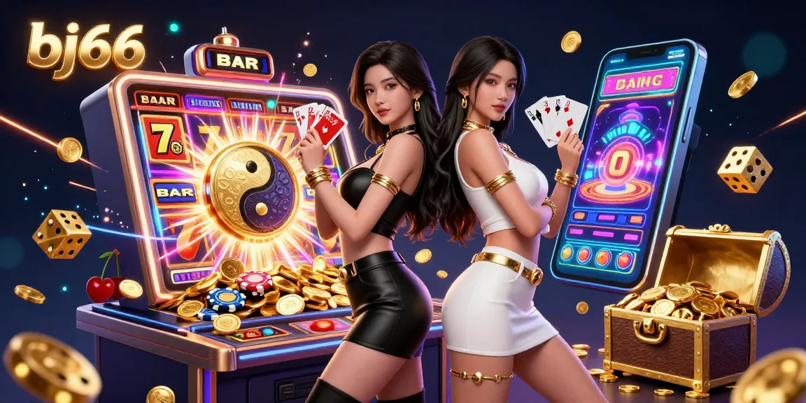 Experience thrilling casino action with bj66 featuring stunning twin Asian women holding playing cards.