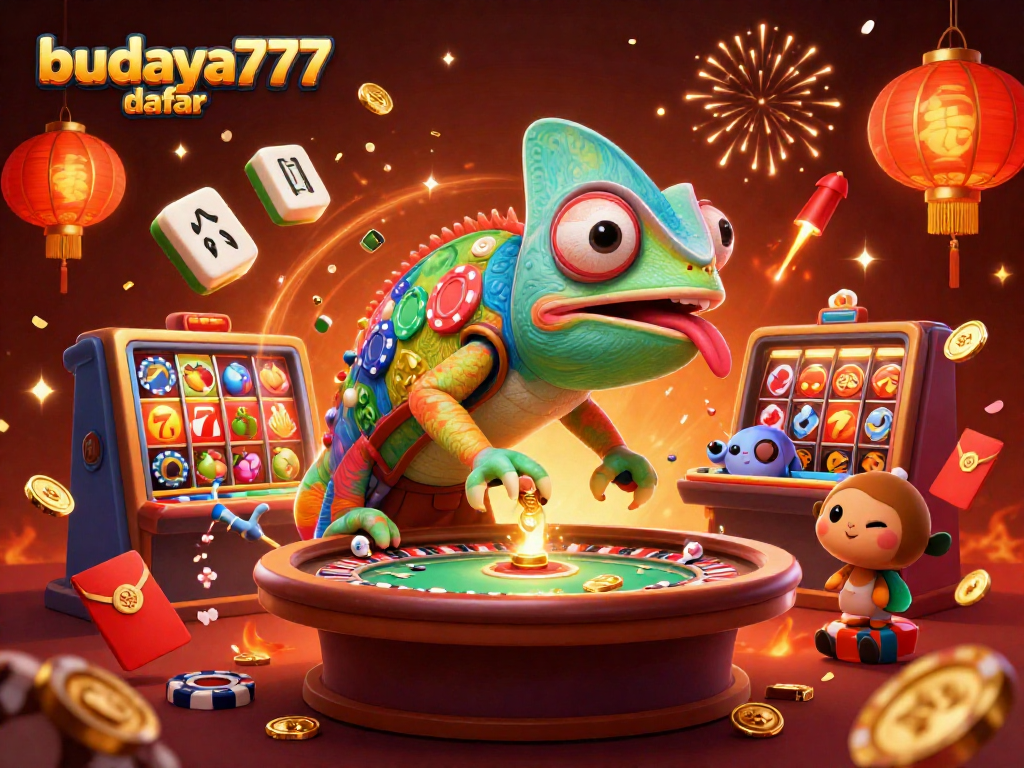 Ikon promosi untuk budaya777 daftar dengan kasino yang meriah dan penuh warna, menampilkan permainan slot dan elemen keberuntungan.