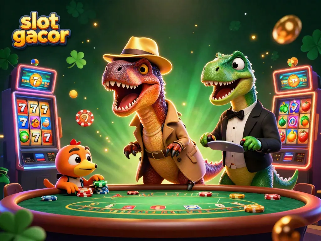 Experience thrilling slot gacor action with a velociraptor card counter and vibrant casino elements.