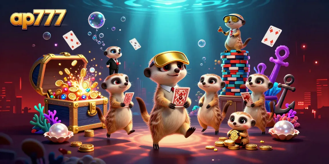 Engage with ap777's vibrant casino world as meerkats run games and sneak chips in a colorful underwater scene.