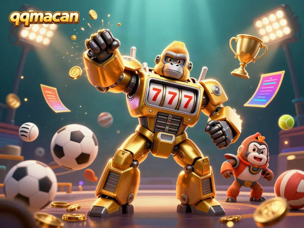 Experience thrilling gaming action with qqmacan's vibrant and dynamic 3D illustration of a golden gorilla mech.
