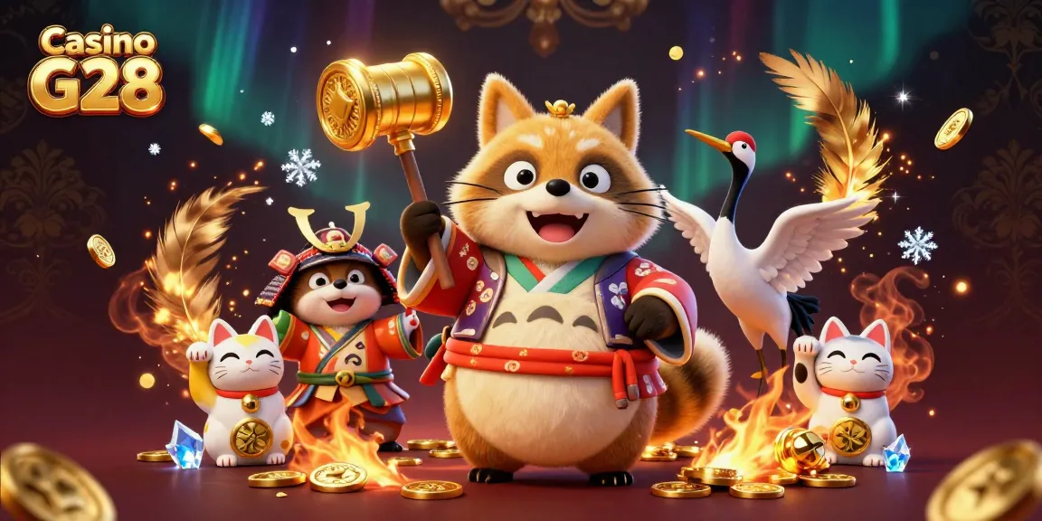 Experience the thrilling gameplay at Casino G28 with cheerful tanuki and lucky symbols.