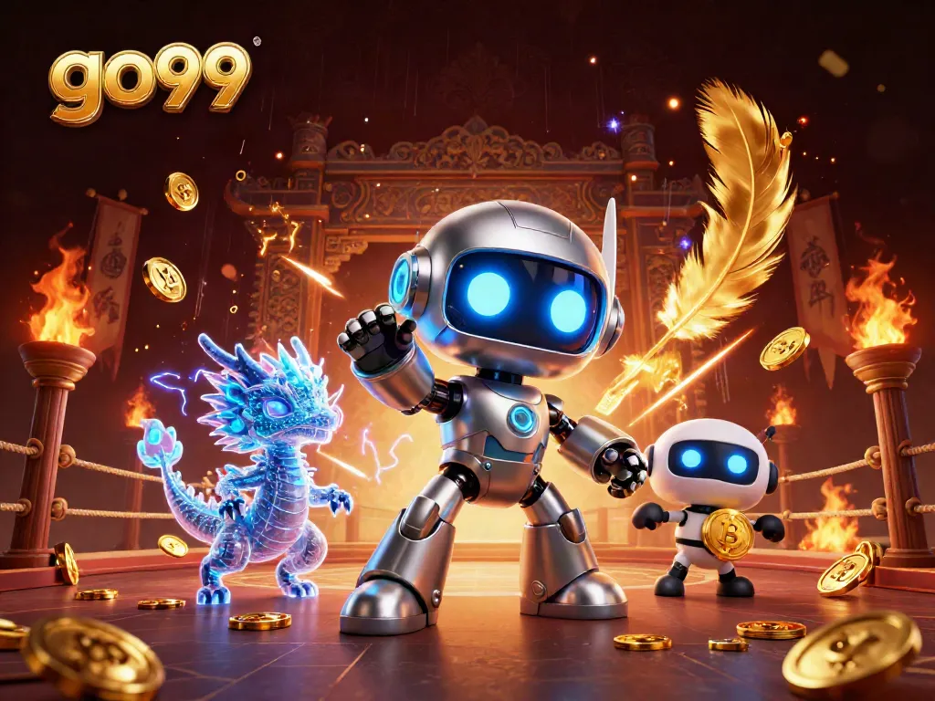 Experience thrilling gameplay at go99 with a futuristic 3D cyberpunk robot and AI dragon in a vibrant casino setting.