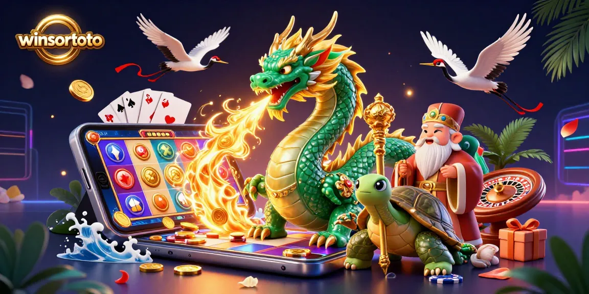Engage with winsortoto featuring a dragon, sage, and cranes amidst slot machines and coins.