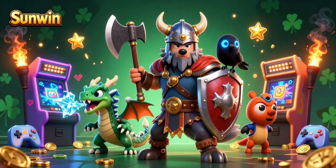 Engage in thrilling gameplay at Sunwin with cartoon Viking warrior and dragon amid vibrant casino elements.