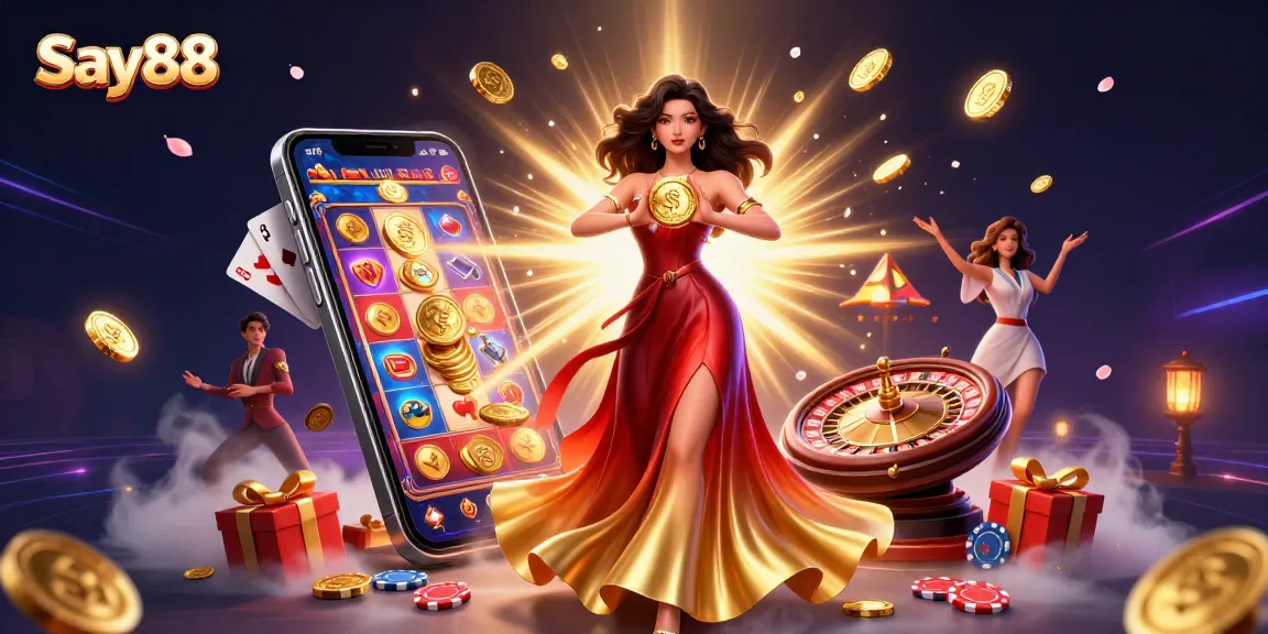 Experience the excitement of Say88 with stunning visuals of gaming and winning as coins rain down.