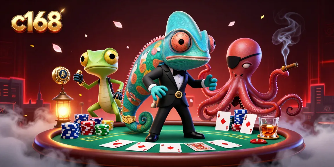 C168 poker scene featuring a chameleon, gecko, and octopus amidst chips and cards.