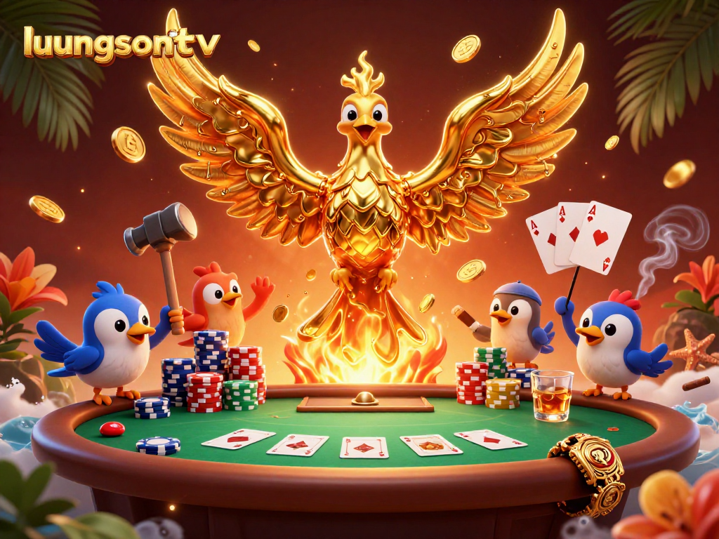 Experience thrilling gaming action on luongsontv with a golden phoenix and poker elements.