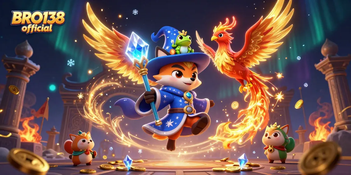 Engage with the BRO138 official gaming platform showcasing a wizard fox and phoenix amidst vibrant casino elements.