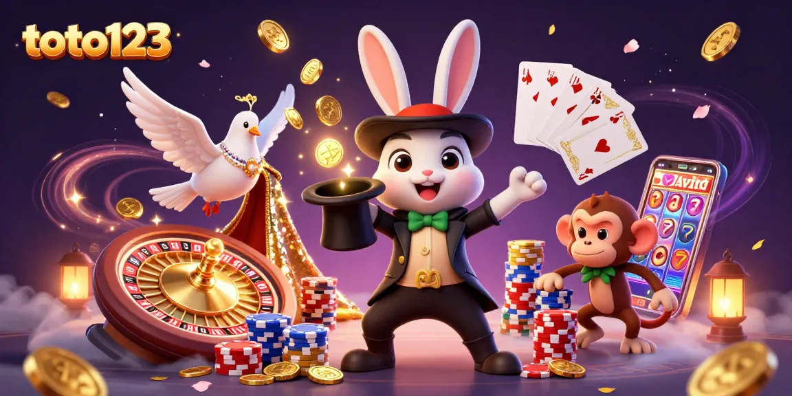 Toto123 showcases thrilling casino action with a magician rabbit, dove, and monkey amidst sparkling coins and cards.