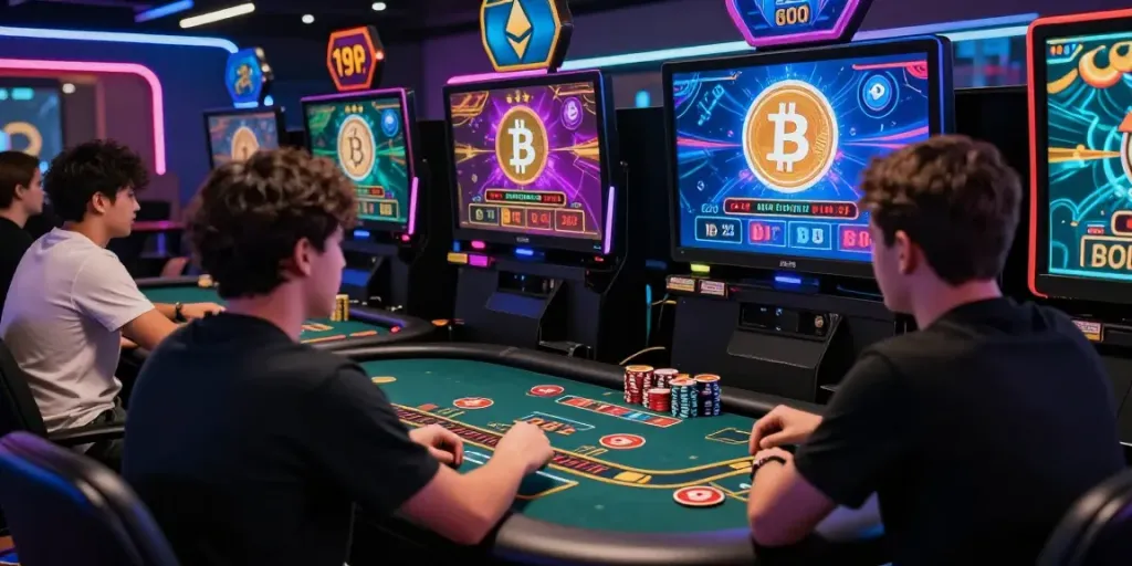 Exciting crypto casino gaming scene with players at virtual tables and cryptocurrency icons.