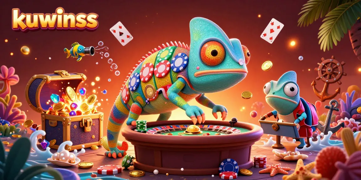 Kuwinss chameleon casino owner collecting golden coins amidst dynamic casino-inspired underwater treasures.