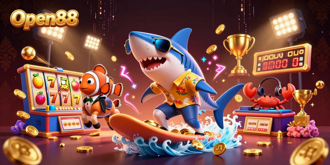 Experience thrilling gaming action with Open88 as the shark rides gold coins, enhancing casino excitement.
