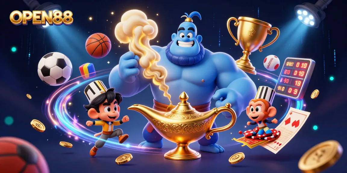 Engage in thrilling gameplay at OPEN88 with a genie granting winning bets on a vibrant casino scene.