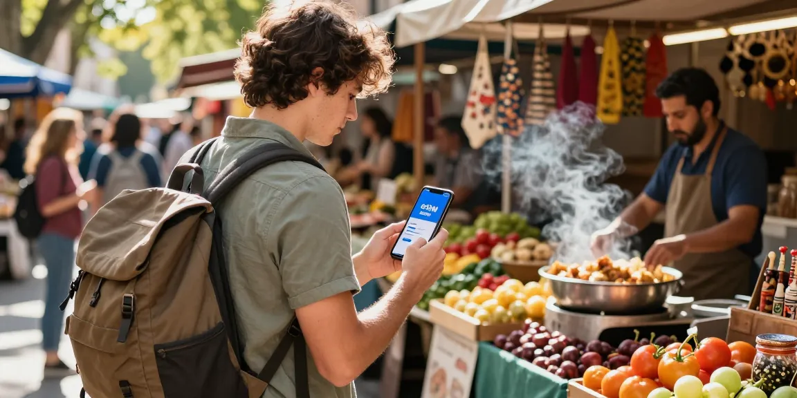 Traveler using smartphone to find eSIM कूपन in colorful European market.