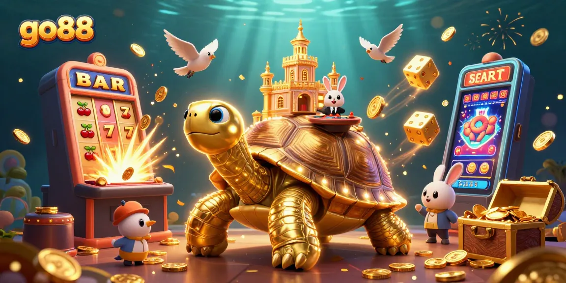 Spin the slots with go88 featuring a golden tortoise casino with exciting game elements.