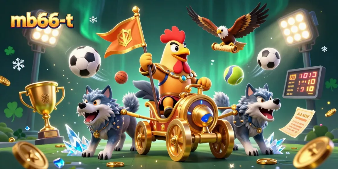 Bet on mb66-t with a dynamic scene of a rooster warlord and golden sports elements